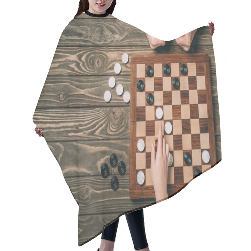 Personality  Cropped View Of Man And Woman Playing In Checkers On Wooden Background Hair Cutting Cape