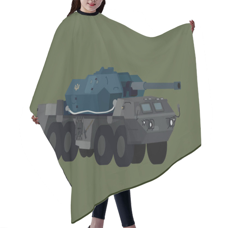 Personality  Illustration Of Military Armored Vehicle With Ukrainian Trident Symbol Isolated On Green  Hair Cutting Cape