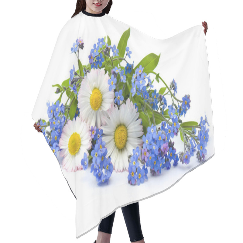 Personality  Bouquet With Daisies And Forget-me-not On A White Background With Space For Text Hair Cutting Cape