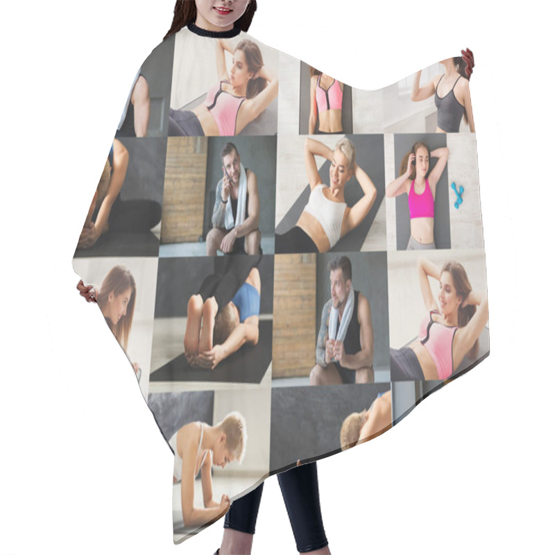 Personality  Collage Of Young Man And Women Practicing Yoga Hair Cutting Cape