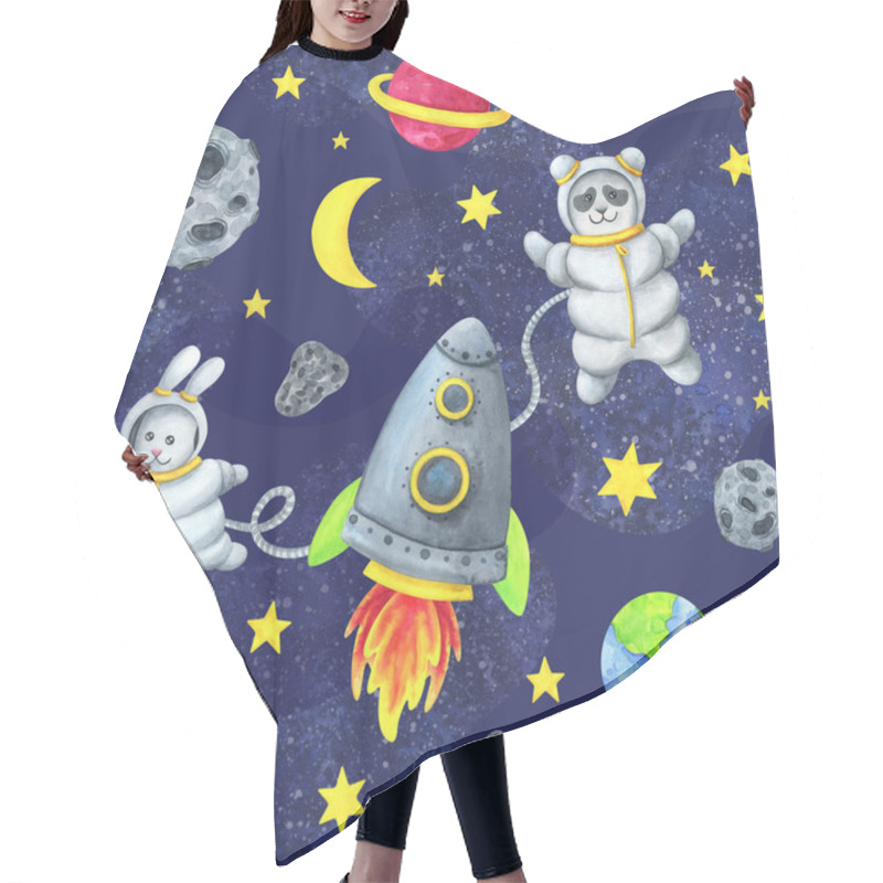 Personality  Space Children's Seamless Pattern. Rocket, Flying Saucer, Planets, Stars, Astronaut Panda And Hare, Travel Through The Universe. Watercolor Print Of A Cartoon About An Intergalactic Flight On A Blue Background Hair Cutting Cape