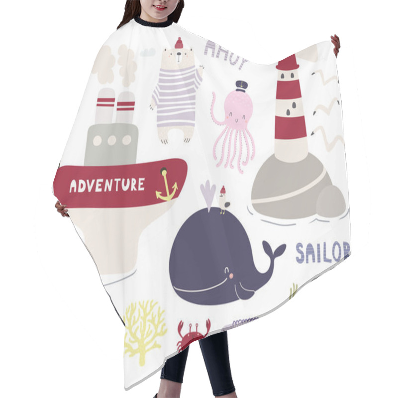 Personality  Sea Set With Cute Funny Animals And Ship With Lighthouse And Seaweed, Hand Drawn Vector Illustration, Scandinavian Style Flat Design, Concept For Children Print  Hair Cutting Cape