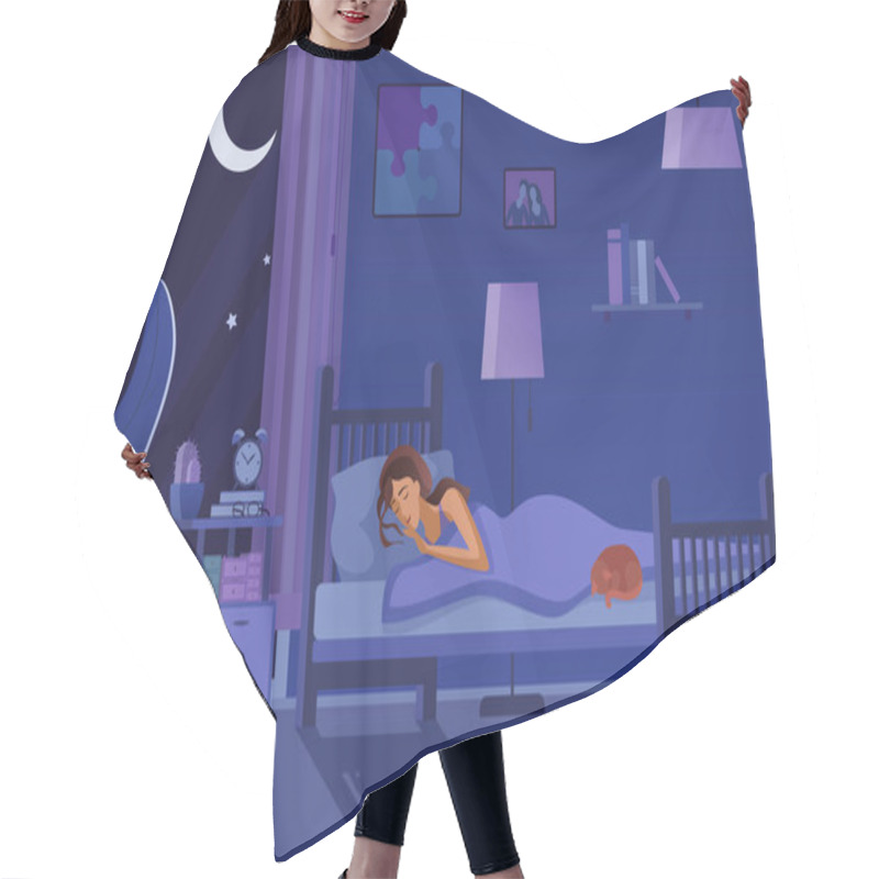 Personality  Young Tired Woman Sleeping In Bed Covered With Quilt. Student Female Sleep At Night In Dark Bedroom Interior Cartoon Flat Vector Illustration. Hair Cutting Cape