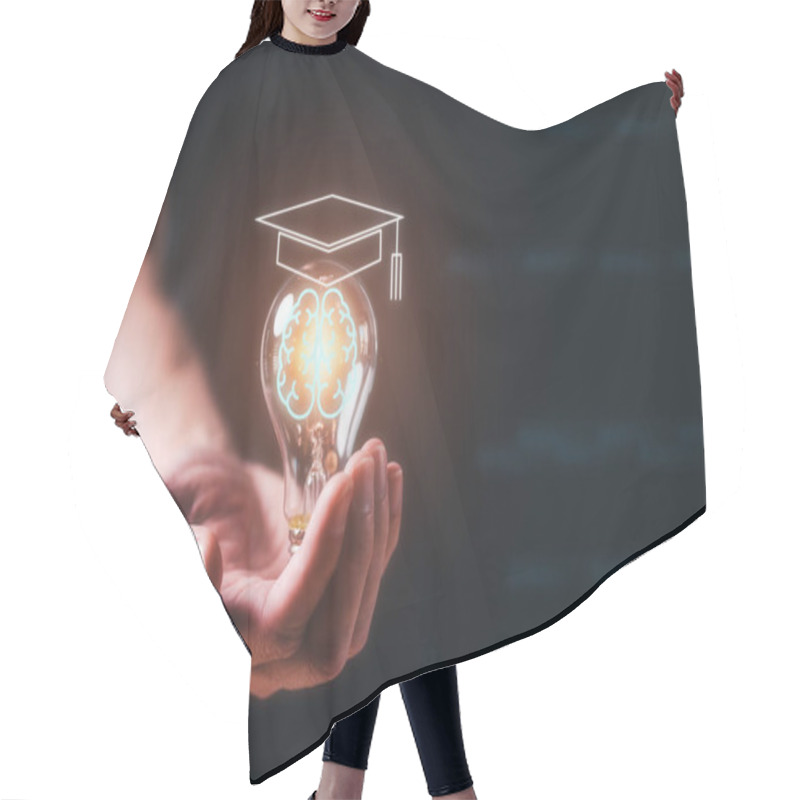 Personality  Man Holding Lightbulb Showing Graduation Hat, Internet Education Course Degree, Knowledge Creative Thinking Idea Problem-solving Solution, E-learning Graduate Certificate Program Concept Hair Cutting Cape