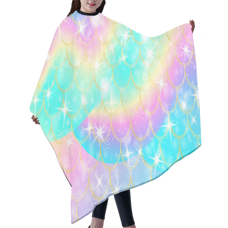 Personality  Holographic Rainbow Background. Gold Scales. Mermaid Print. Vector. Hair Cutting Cape