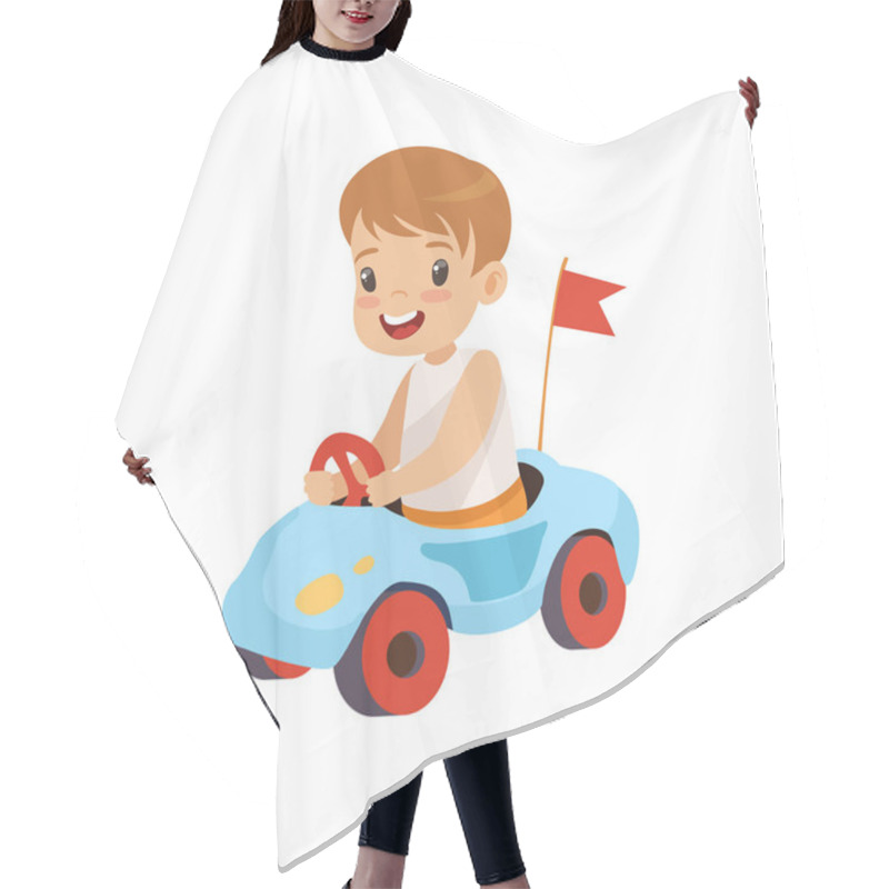 Personality  Cute Smiling Boy Riding Toy Car Vector Illustration Hair Cutting Cape