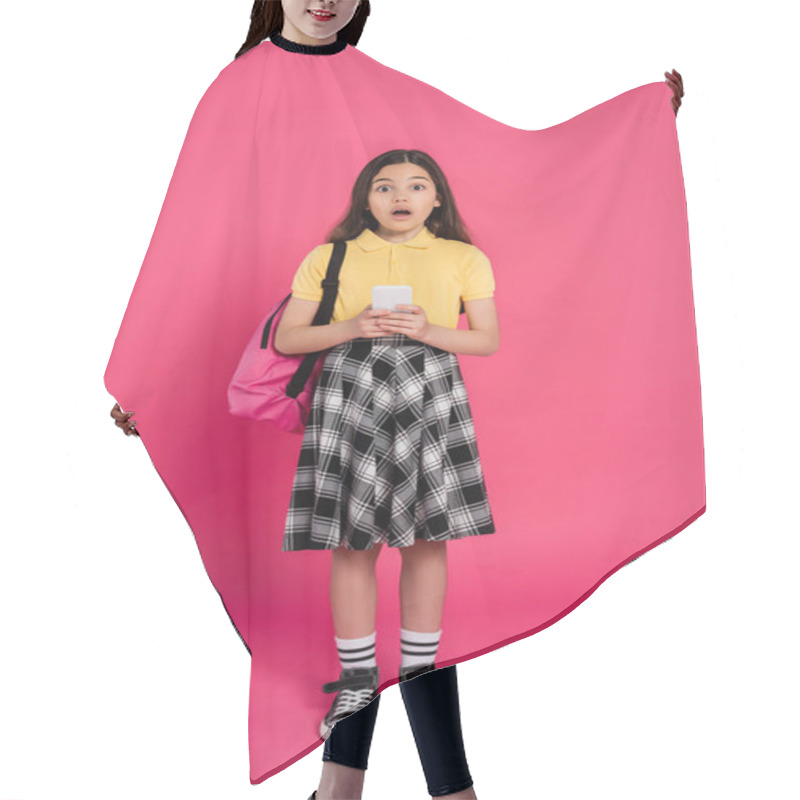 Personality  Astonished Girl, Schoolgirl Holding Smartphone And Looking At Camera On Pink Background, Vibrant Hair Cutting Cape