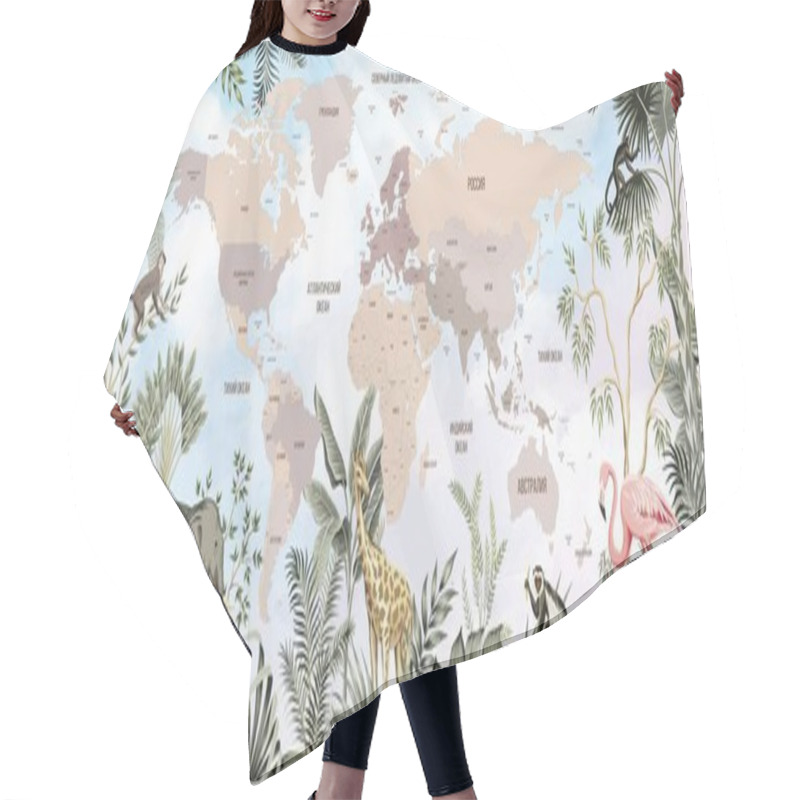 Personality  Children's World Map. World Map With The Names Of Countries In Russian. Russia, America, Africa, Australia, Europe, Antarctica. A Drawn Map Of The World With Animals. Hair Cutting Cape