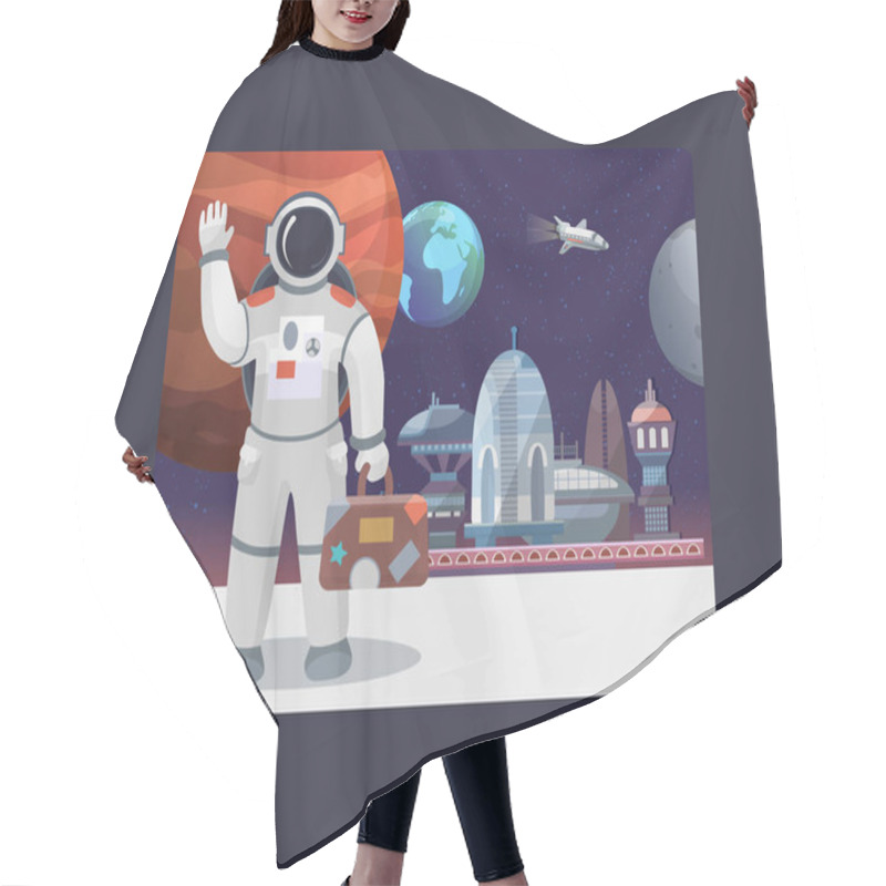 Personality  Space Travel, Galaxy And Cosmos, Tours To The Moon Vector Illustration. Astronaut With Suitecase Waving In Outer Space On Moon. Spaceships And Planets Of Mars, Earth, Moon Space Travel. Hair Cutting Cape