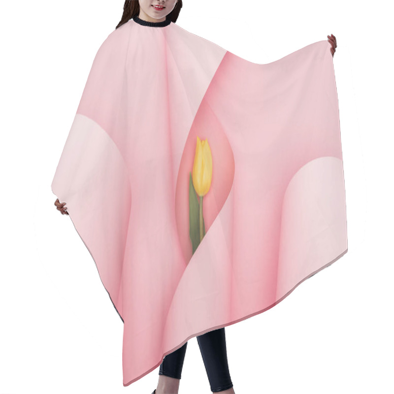 Personality  Top View Of Yellow Tulip In Paper Spiral Swirls On Pink Background Hair Cutting Cape