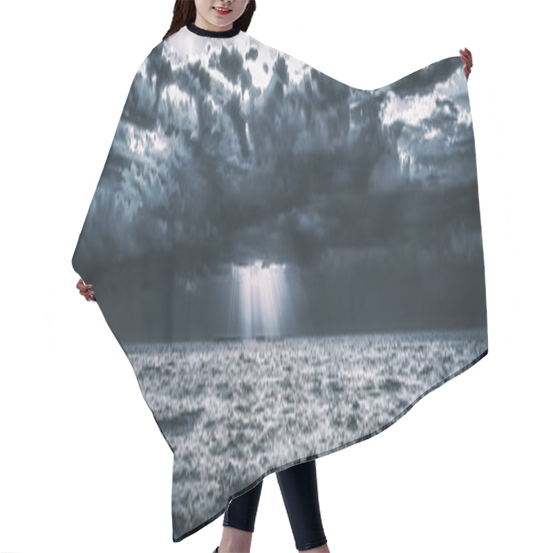 Personality  Dramatic Storm Clouds Over Cold Sea Water. Panoramic Seascape Background. Hair Cutting Cape