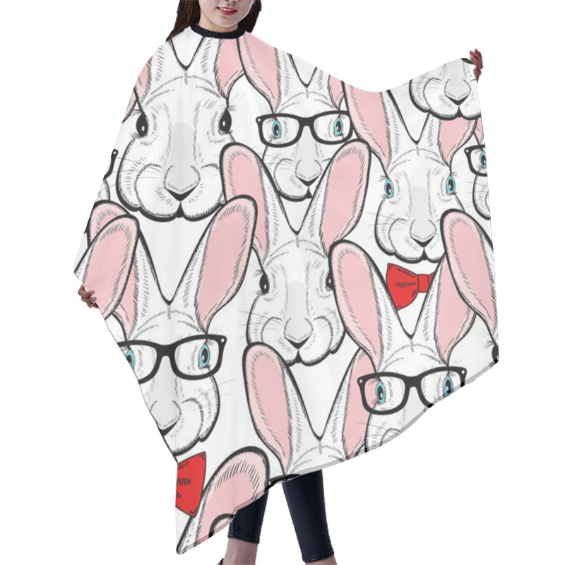 Personality  Crowd Of Rabbits In Retro Glasses And With Bow Tie. Vector Seamless Pattern. Hair Cutting Cape