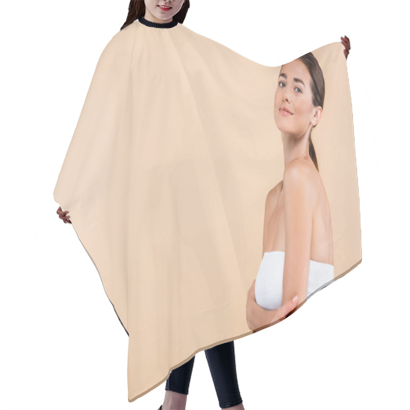 Personality  Brunette Woman In Strapless Top Posing With Crossed Arms Isolated On Beige, Beauty Concept Hair Cutting Cape