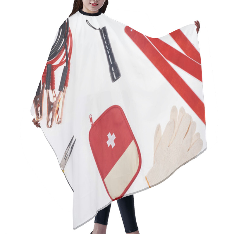 Personality  Flat Lay With First Aid Kit And Automotive Accessories Isolated On White Hair Cutting Cape