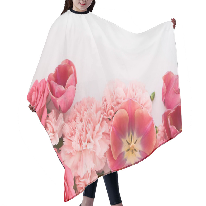 Personality  Top View Of Pink Spring Flowers On White Background With Copy Space Hair Cutting Cape