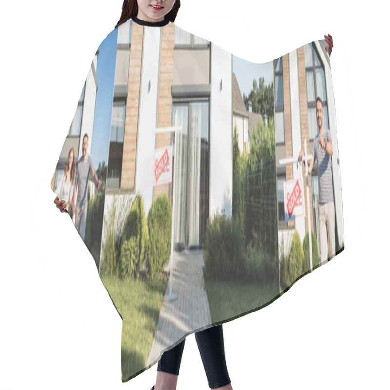 Personality  Collage Of Modern House, Happy Couple Running Forward And Man Showing Key Near Sign With Sold Lettering, Banner Hair Cutting Cape