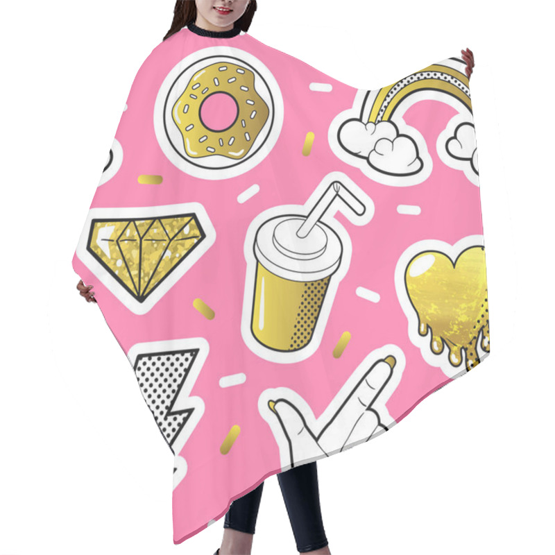 Personality  Fashionable Seamless Pattern In Pop Art Style With Golden Dotted Elements. Fabric Background 80s-90s With Rainbow, Diamonds And Donuts. Vector Illustration Hair Cutting Cape