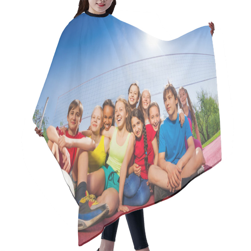 Personality  Happy Teenagers On Volleyball Game Court Hair Cutting Cape