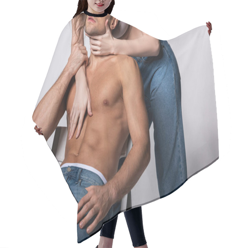 Personality  Cropped View Of Young Woman Touching Shirtless Man Sitting On Grey  Hair Cutting Cape