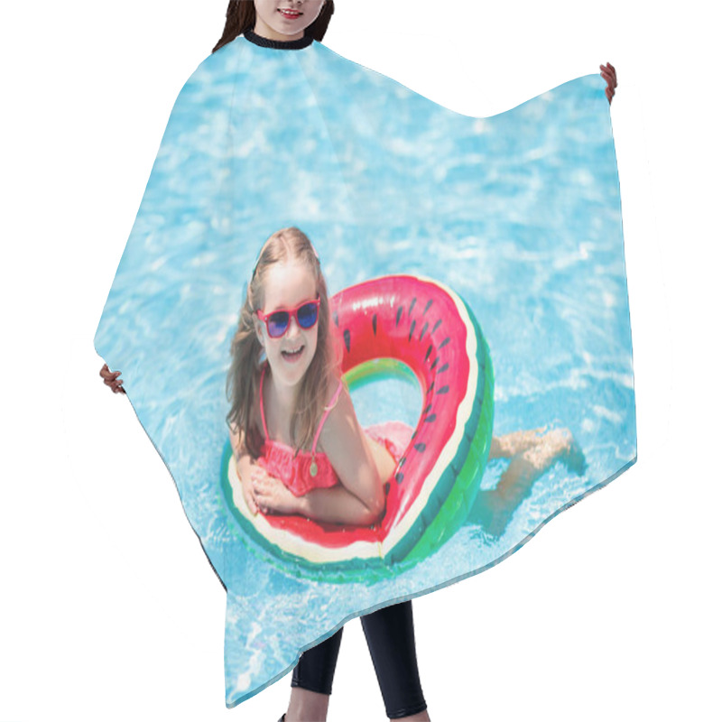 Personality  Child With Watermelon Inflatable Ring In Swimming Pool. Little Girl Learning To Swim In Outdoor Pool Of Tropical Resort. Kid Eye Wear. Water Toys And Floats For Kids. Healthy Sport For Children.  Hair Cutting Cape