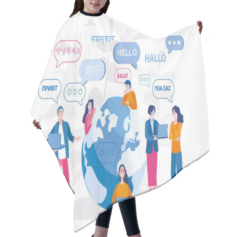 Personality  Young People Chatting In Foreign Languages. Vector Illustration For Web Banner, Infographics, Mobile. Male And Female Cartoon Characters Speaking Different Languages. Hair Cutting Cape