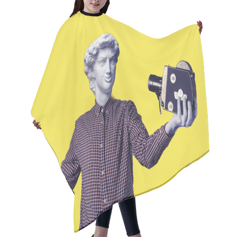 Personality  Abstract Modern Collage. The Man With The Plaster Head Of David In A Plaid Shirt Takes Himself Off To An Old Movie Camera. Selffi Concept Hair Cutting Cape