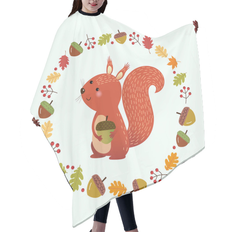 Personality  Vector Illustration Cartoon Squirrel With Wreath Made Of Autumn Leaves And Berries. Hello Autumn Background. Hair Cutting Cape