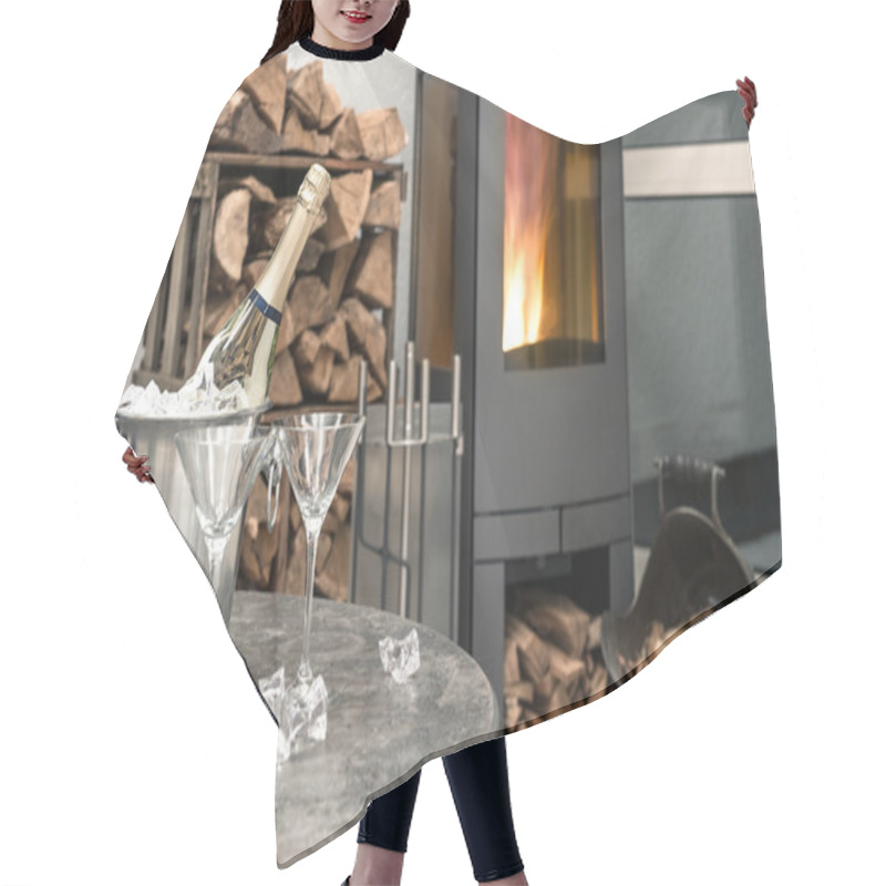 Personality  Festive Home Interior Wirh Champagne, Two Glasses And Fireplace Hair Cutting Cape