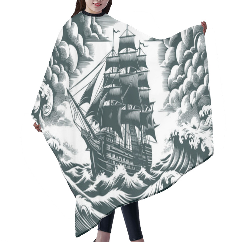 Personality  Detailed Engraved Illustration Of A Large Sailing Ship Navigating Through Rough Swirling Ocean Waves During A Stormy Weather Hair Cutting Cape