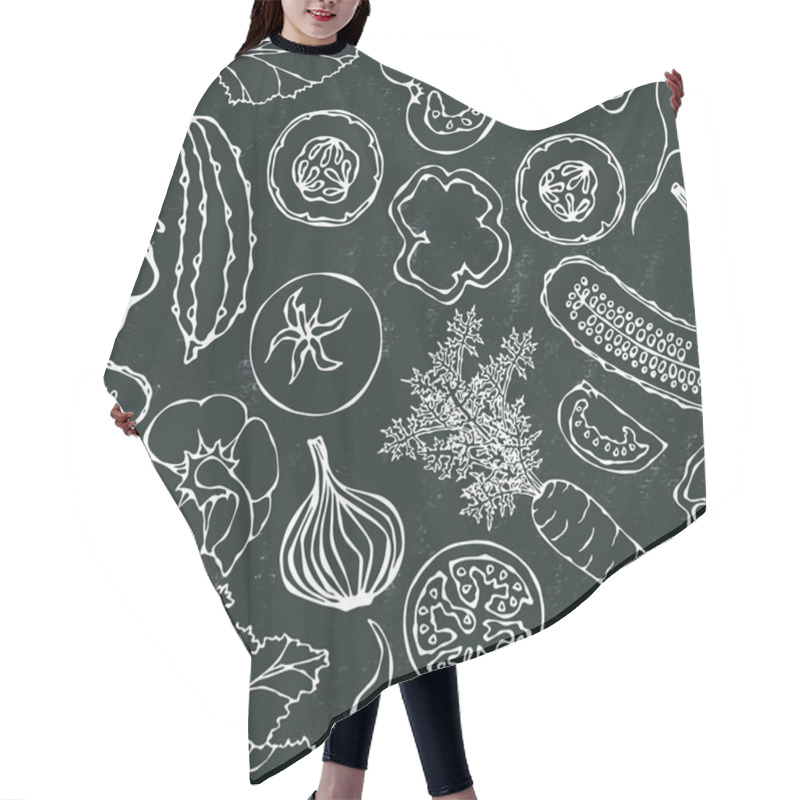 Personality  Vegetable Seamless Pattern With Cucumbers, Red Tomatoes, Bell Pepper, Beet, Carrot, Onion, Garlic Chilli. Fresh Green Salad. Hand Drawn Illustration. Doodle Style. Black Board Background And Chalk. Hair Cutting Cape