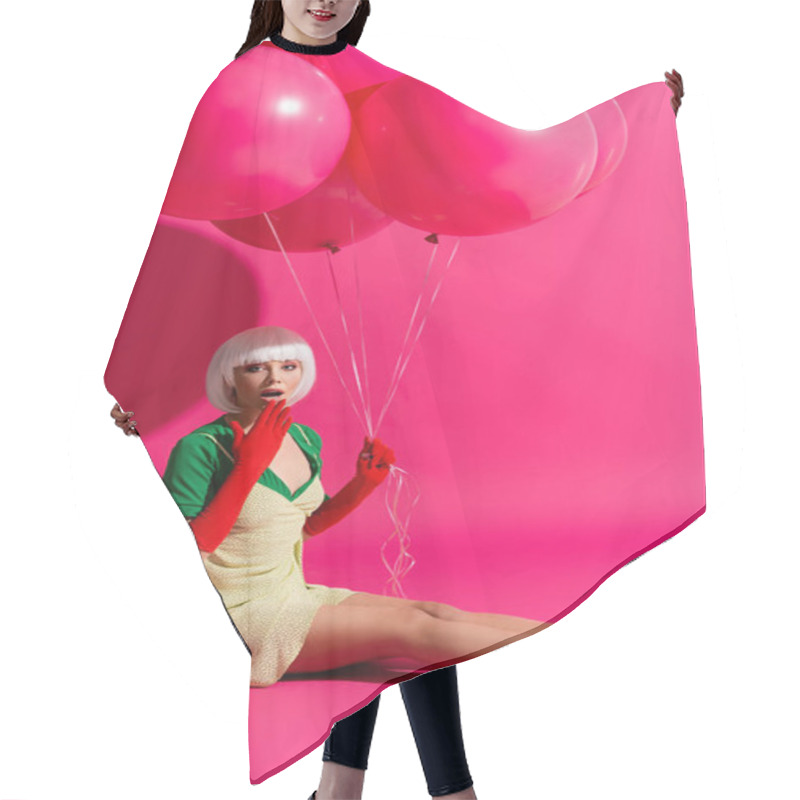 Personality  Shocked Fashionable Girl In White Wig Holding Balloons On Pink  Hair Cutting Cape