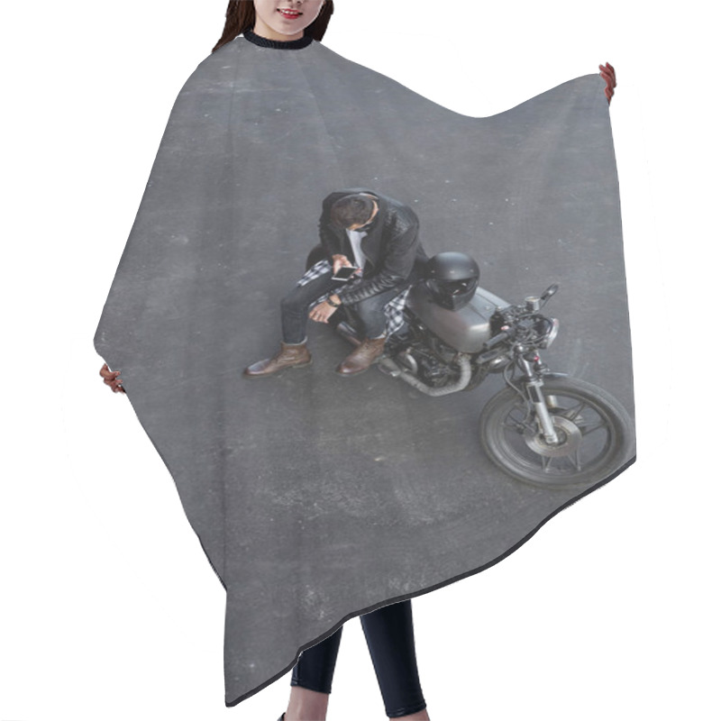 Personality  Top View To Brutal Man With Cafe Racer Custom Motorbike. Hair Cutting Cape