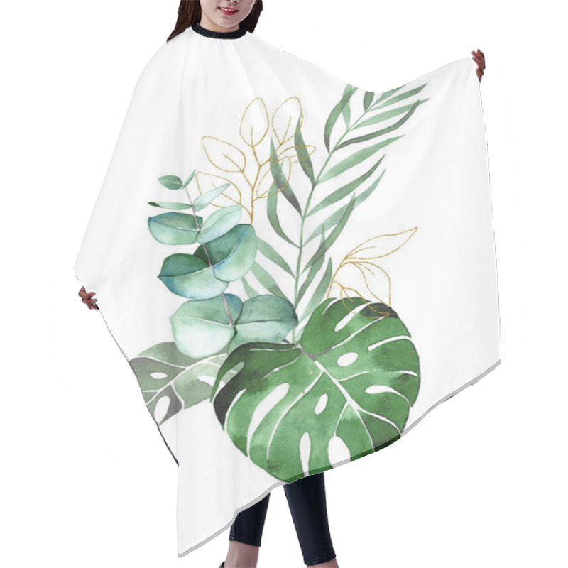 Personality  Watercolor Drawing. Bouquet, Composition Of Green Tropical Leaves And Gold Leaves. Monstera Rainforest Leaves, Palm, Banana And Golden Shining Elements Hair Cutting Cape