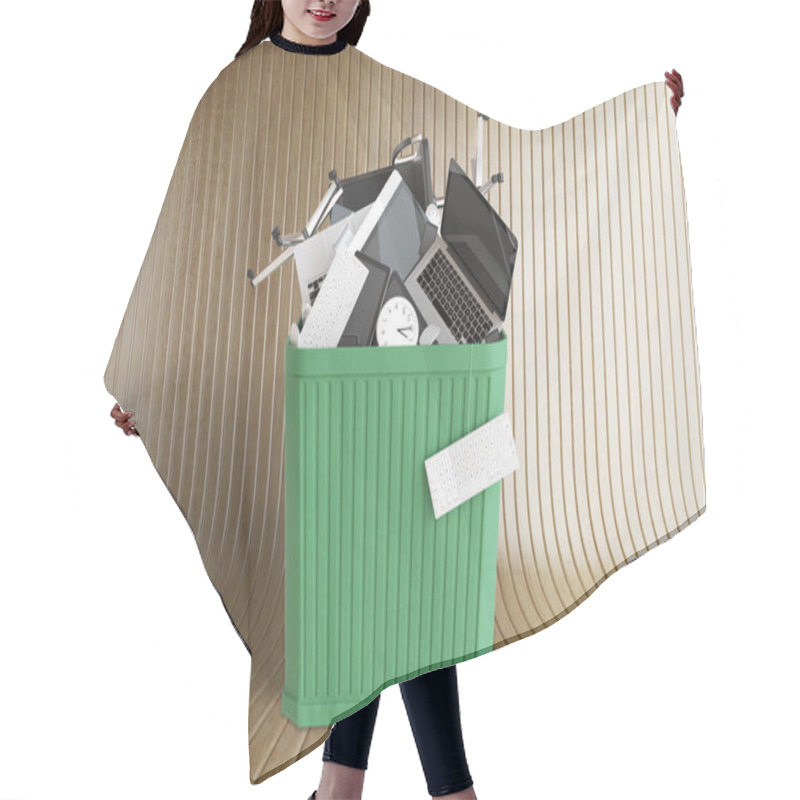 Personality  Office Stuff In Big Green Trash Bin At Wooden Background, 3D Ren Hair Cutting Cape