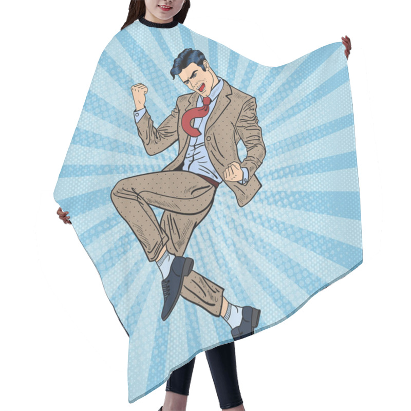 Personality  Pop Art Successful Businessman Jumping. Vector Illustration Hair Cutting Cape