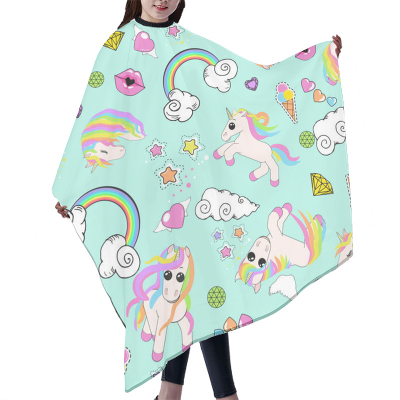 Personality  Pattern With Unicorns, Rainbow, Clouds, Heart With Wings, Lips, Stars Hair Cutting Cape