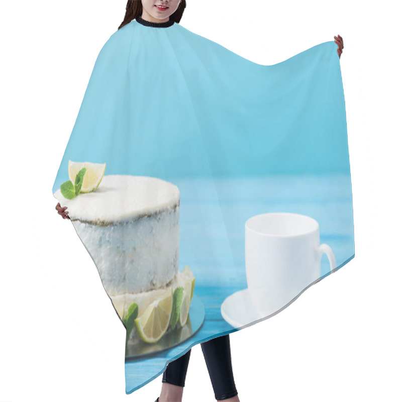 Personality  Cake Decorated With Slices Of Lime Near Tea Cup Isolated On Blue Hair Cutting Cape