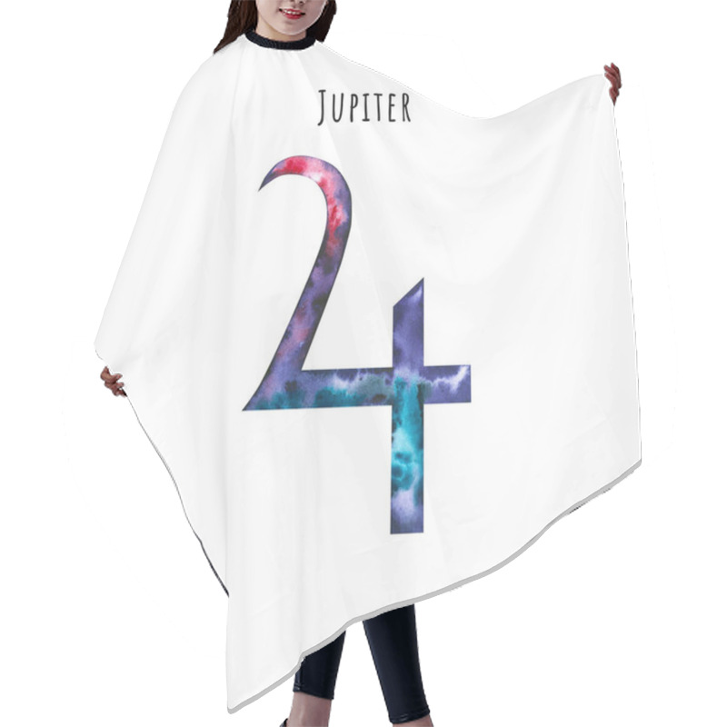 Personality  Watercolor Symbol Of Jupiter. Hand Drawn Illustration Is Isolated On White. Astrological Sign Is Perfect For Astrologer Blog, Horoscope Background, Astronomy Design, Cosmic Card Hair Cutting Cape