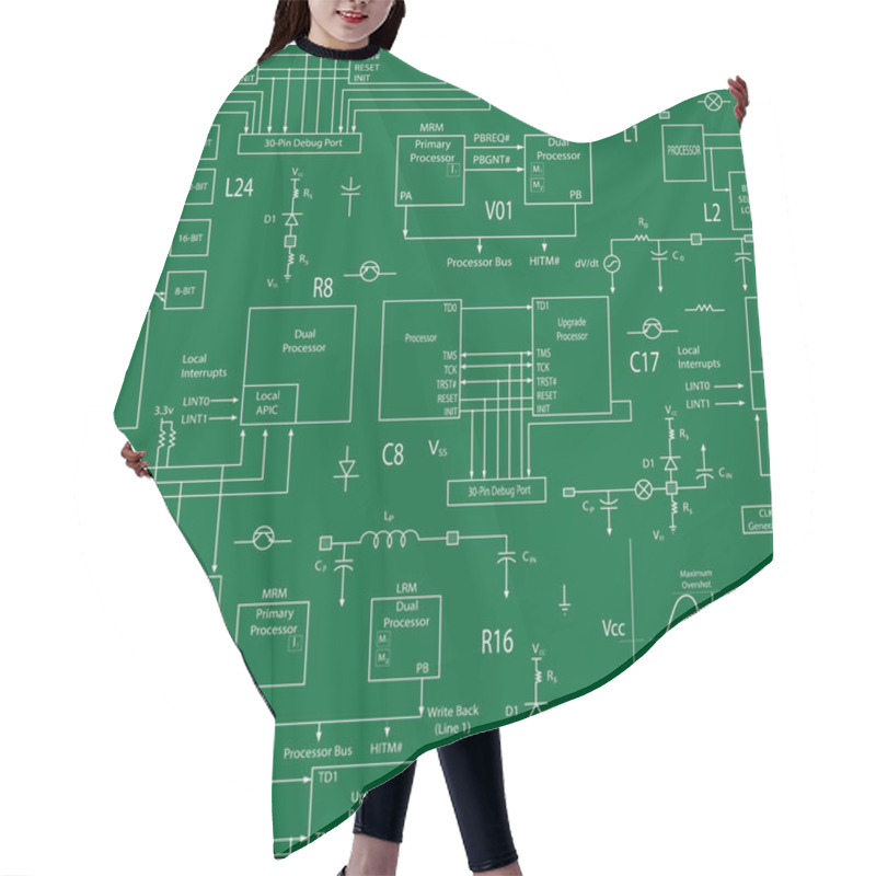 Personality  Seamless Background With Elements Of Electronic Circuits, In The Style Of Technical Documentation , Light Contour On A Green Background Hair Cutting Cape