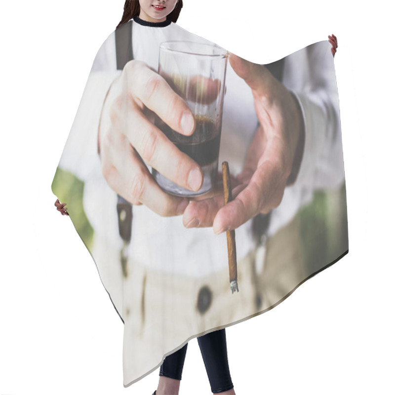 Personality  Man Holding In Hands Glass Of Whisky And Cigar Hair Cutting Cape