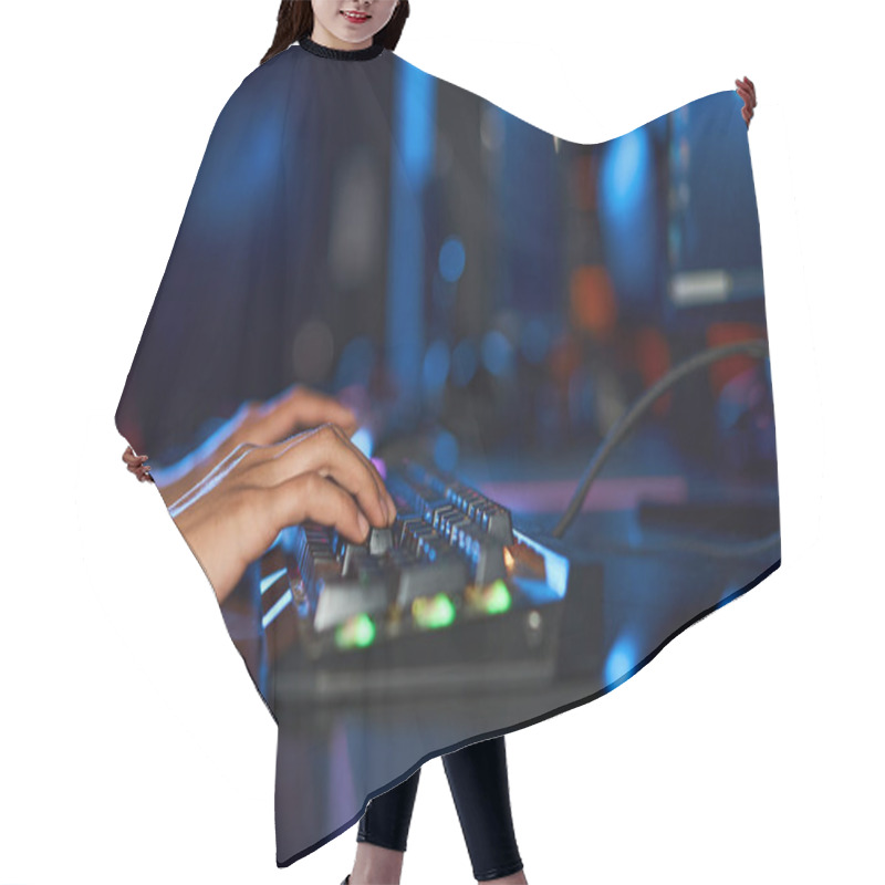 Personality  Cropped Female Hands Typing On Computer Keyboard With Illumination, Woman In Room With Blue Light Hair Cutting Cape