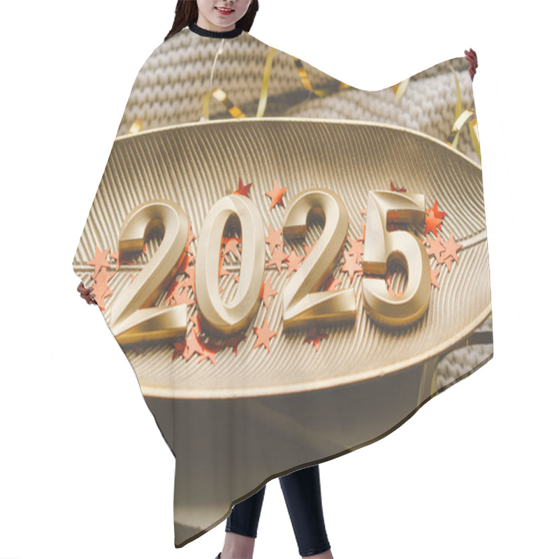 Personality  Golden Numerals Reading 2025 Are Surrounded By Festive Decorations, Including Stars And Ornaments, In Preparation For A New Years Celebration. Happy New Year 2025. Hair Cutting Cape