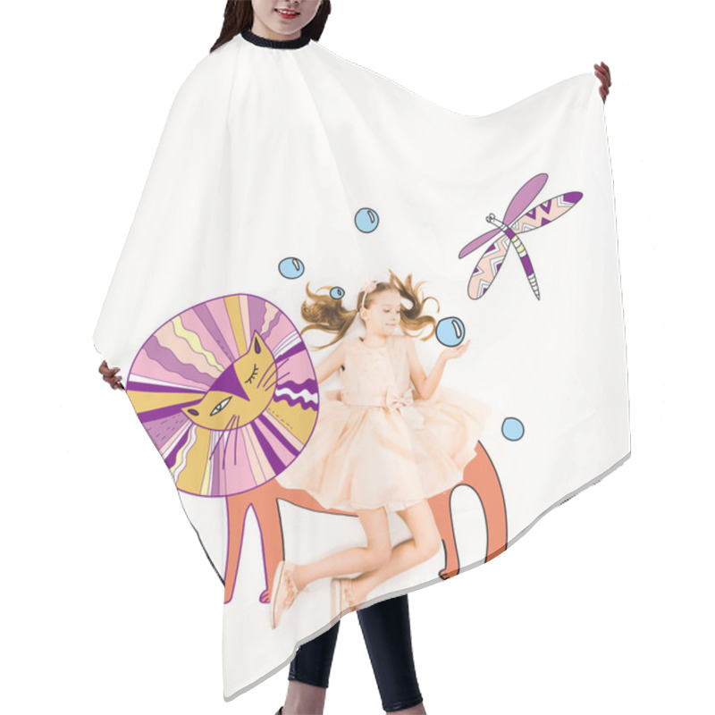 Personality  Top View Of Cute Kid In Pink Dress Near Fairy Characters On White  Hair Cutting Cape