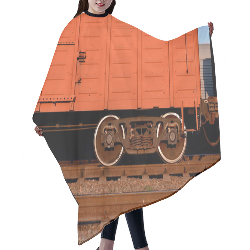 Personality  Detailed Photo Of Railway Freight Car. A Fragment Of The Component Parts Of The Freight Car On The Railroad In Daylight Hair Cutting Cape