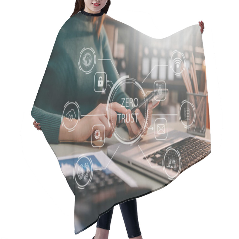 Personality  Zero Trust Security Concept ,businesswoman Using  Laptop And Tablet With Zero Trust Icon On Virtual Screen Of Data Businesses.in Office Hair Cutting Cape