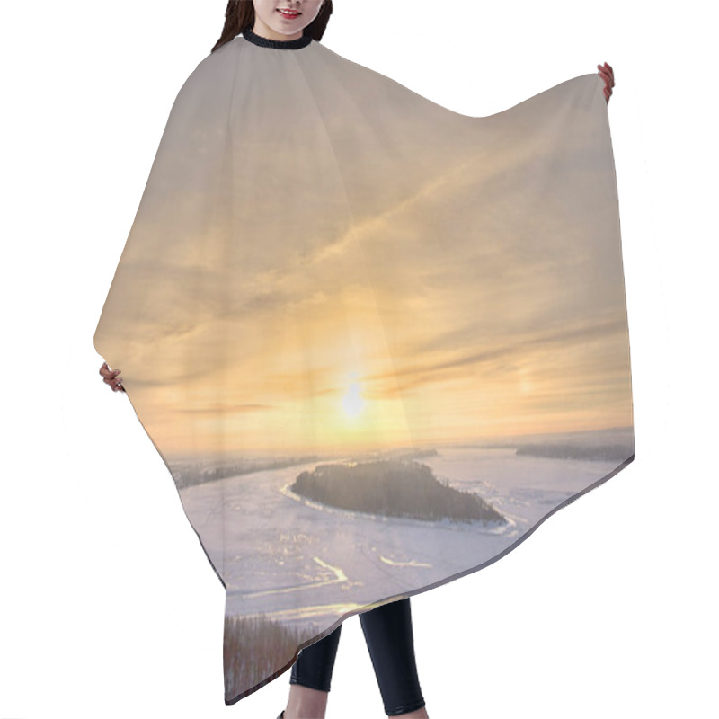 Personality  Panoramic View On Frozen River And Forest On Hill In Winter Duri Hair Cutting Cape