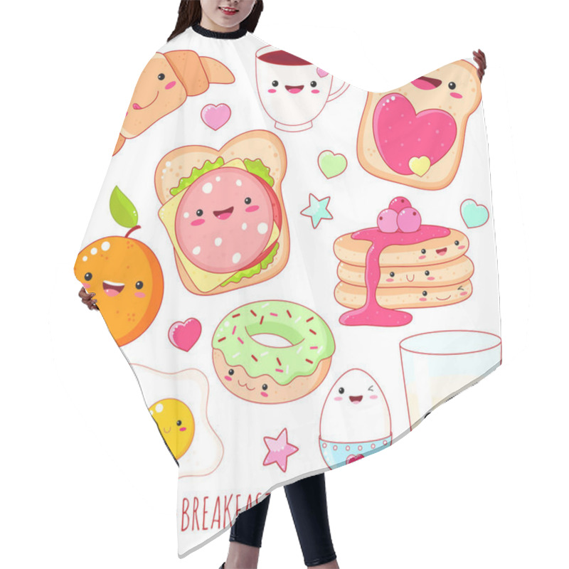 Personality  Breakfast Time. Set Of Cute Food Icons In Kawaii Style With Smiling Face And Pink Cheeks For Sweet Design. EPS8   Hair Cutting Cape