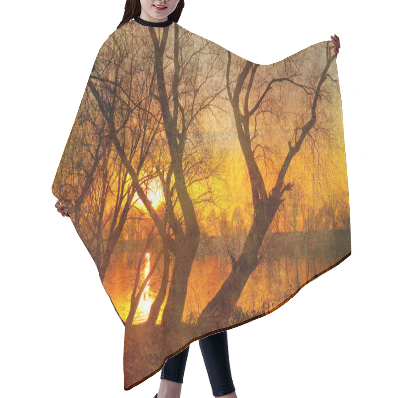 Personality  Art Grunge Landscape Showing Sunrise Over The River On Beautiful Autumn Day Hair Cutting Cape