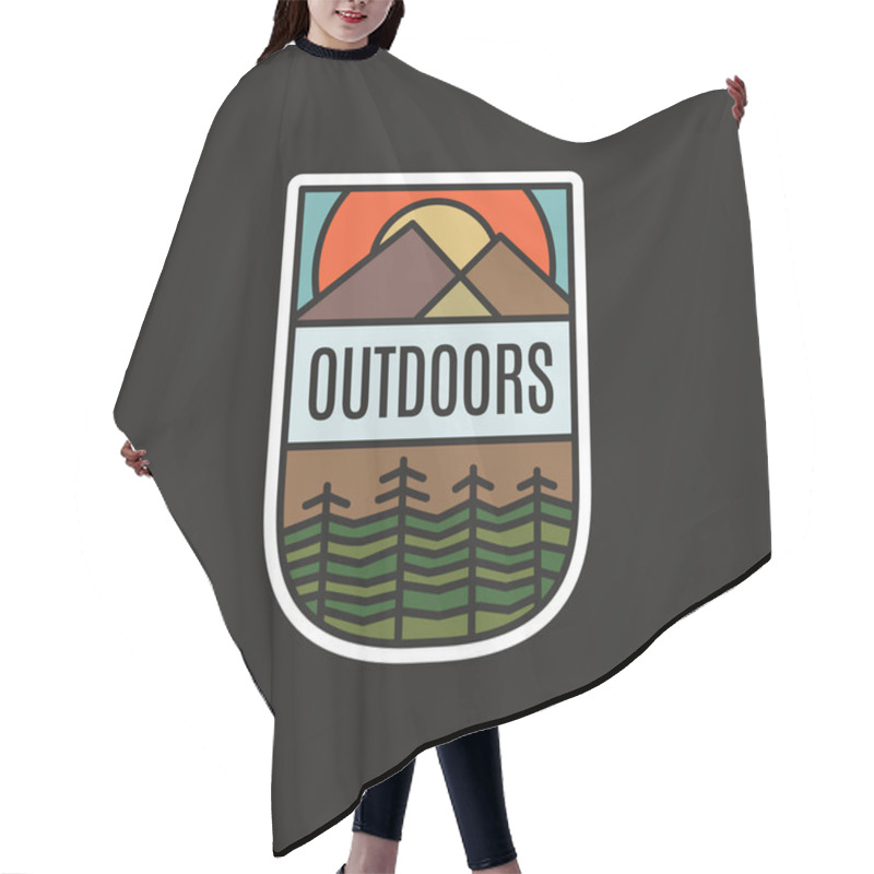 Personality  Camping Adventure Sticker Design. Travel Hand Drawn Patch. Outdoors Line Art Label. Stock Vector. Hair Cutting Cape