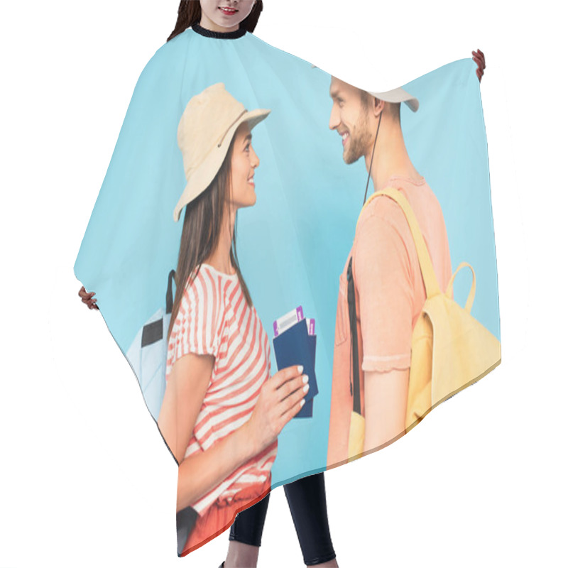 Personality  Side View Of Happy Woman In Hat Holding Passports Near Cheerful Boyfriend Isolated On Blue Hair Cutting Cape